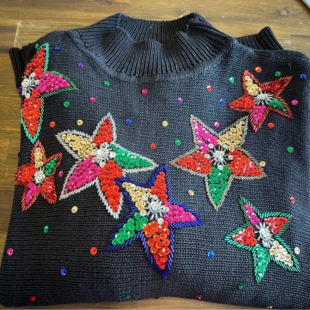 Vintage Beaded Sequin Holiday Sweater Stars Christmas Ugly Long Line Oversized L